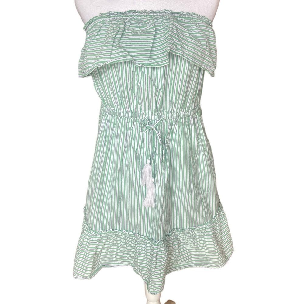 American Eagle Ruffle Top Mini Dress Green White Striped Strapless Womens Large